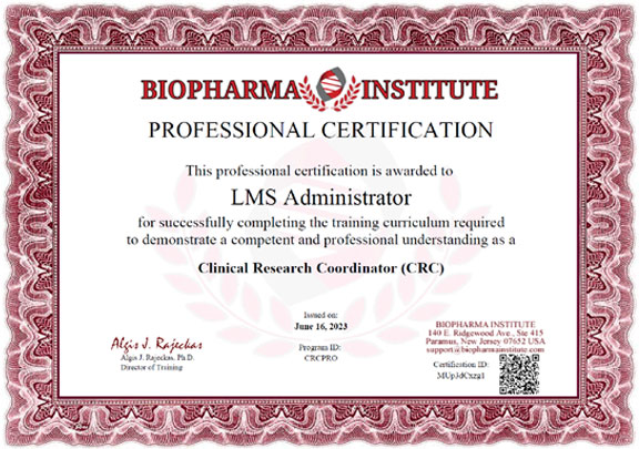 Professional Certificate of Completion Biopharma Institute