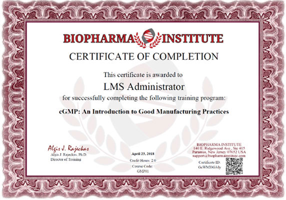 Certificate of Completion Biopharma Institute